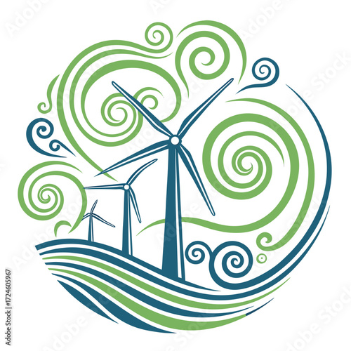Stylized wind turbines generating clean energy amidst swirling green and blue wind currents and flowing landscape elements