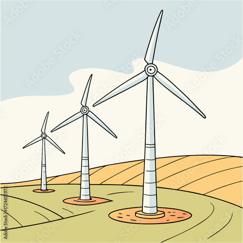 Three cartoon wind turbines stand tall on rolling green hills under a cloudy sky representing renewable energy generation