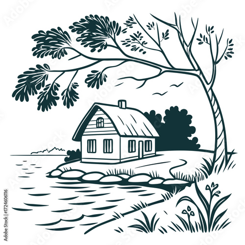 Charming rustic cottage nestled by a serene lake under the shade of a large leafy tree