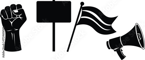 Fist, sign, flag, megaphone symbols represent protest and activism