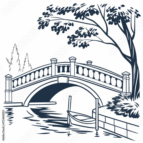 Elegant arched stone bridge with ornate railings over a calm canal featuring a gondola and lush trees