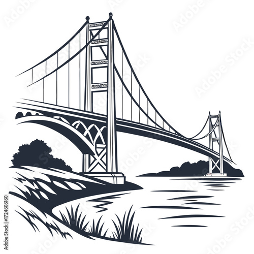 Iconic suspension bridge silhouette spanning across a body of water with grassy banks and distant hills