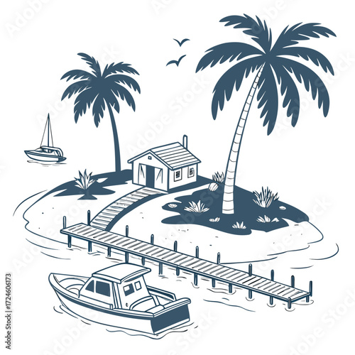 Idyllic tropical island scene with a small house palm trees a wooden pier and boats on the water