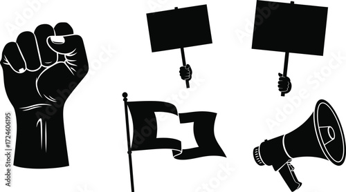 Protest symbols fist, signs, flag, megaphone for social change and activism