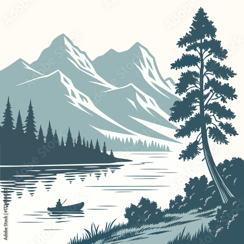 Serene mountain lake landscape with a lone canoeist paddling past evergreen trees and snowy peaks