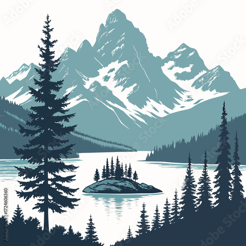 Serene mountain lake landscape with pine trees and snow capped peaks in a stylized illustration