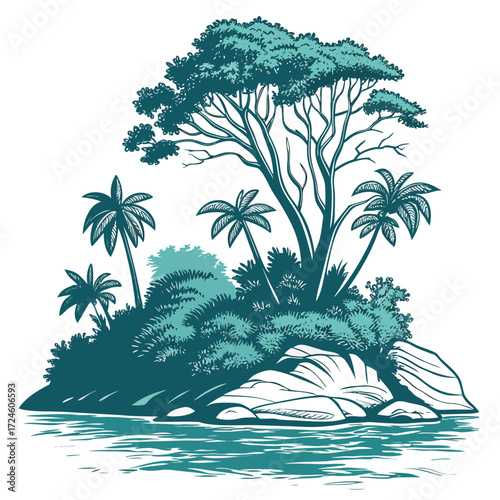 Tropical island with palm trees lush green foliage and rocky shore on turquoise water