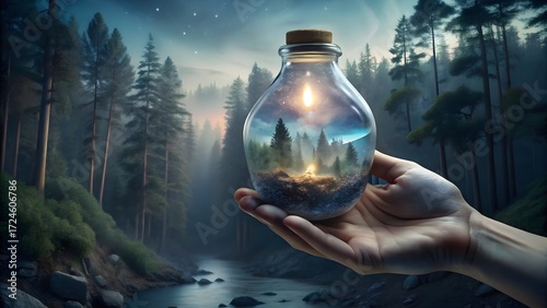 A hand holds a glass bottle containing a little woodland, against a foggy, starry background.