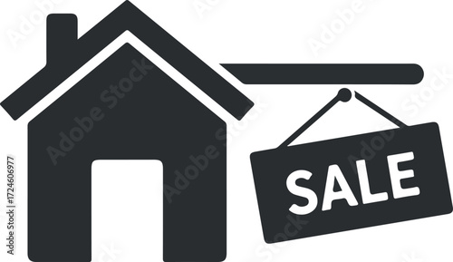 House silhouette with sale sign represents real estate and property market.