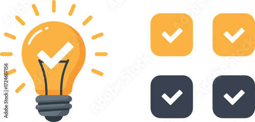 Idea and checkmark concept creative solution success and validation.