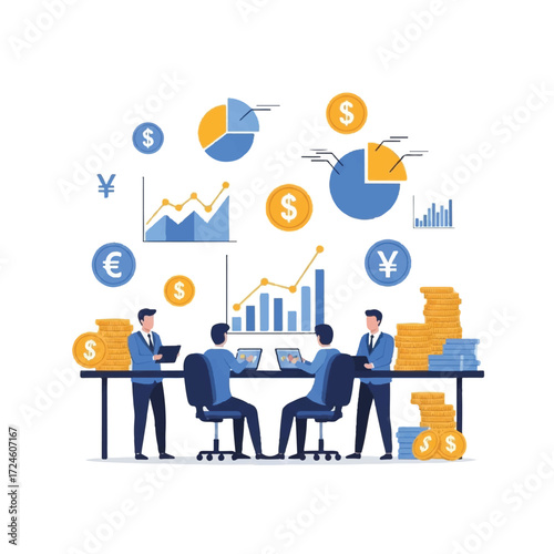 Business professionals analyzing financial data and currency exchange rates.