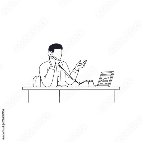 Man sitting at desk talking on landline phone and using laptop.