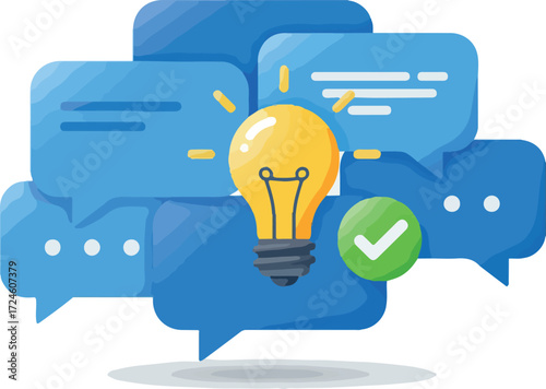Idea generation and communication with light bulb and speech bubbles.