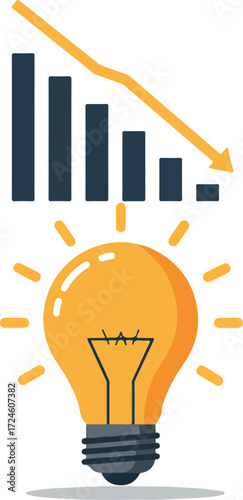 Idea generation and financial decline concept with lightbulb and graph.