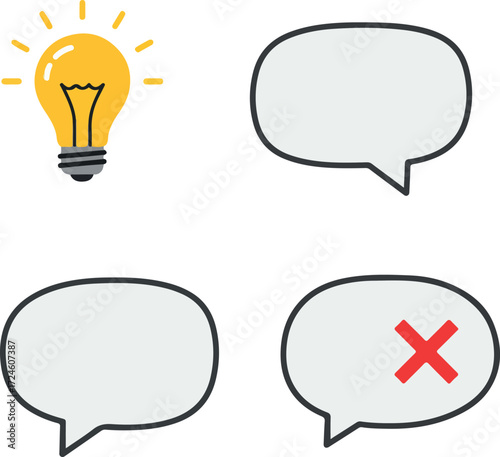 Idea generation and communication through speech bubbles with a red cross.