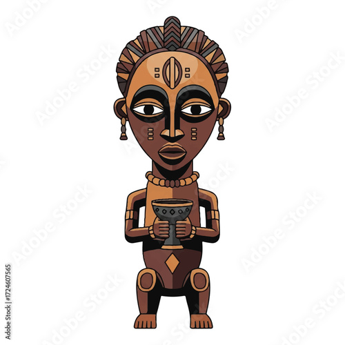 Illustration of a traditional African figurine with tribal markings and adornments on a plain white background.