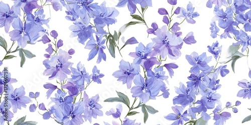 Delicate, light purple floral pattern on a white background.  Soft, painted blossoms and leaves create a repeating design