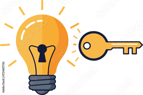 Illuminated lightbulb with keyhole and key representing ideas and solutions.