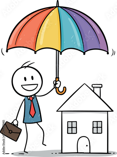 Insurance agent protecting house with colorful umbrella and briefcase.