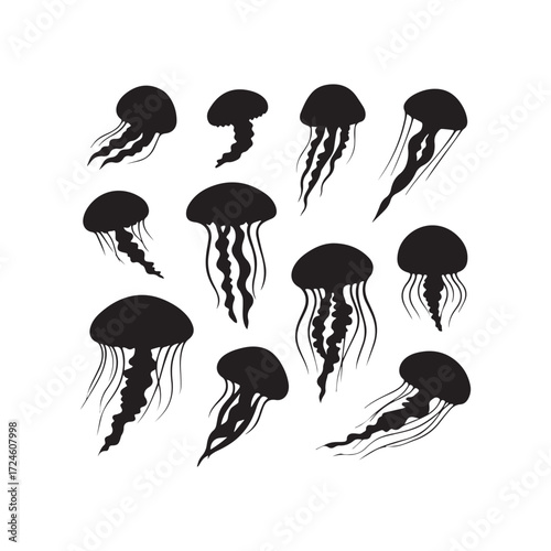  Collection of unique black jellyfish silhouette designs on white background. 