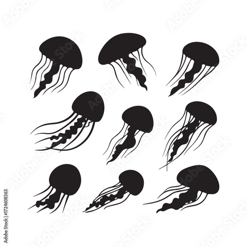  Collection of unique black jellyfish silhouette designs on white background. 