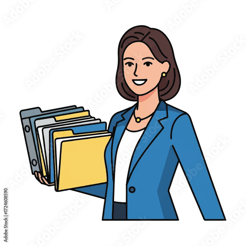 Smiling businesswoman holding files.
