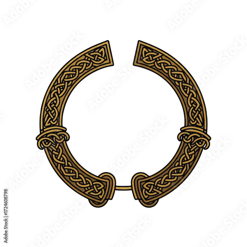 Illustration of an ornate, gold-colored, Celtic knotwork torque necklace on a white background.