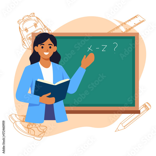Teacher holding a book in front of a blackboard with mathematical equations, surrounded by school supplies like a backpack and ruler