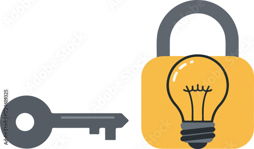 Key and padlock with lightbulb representing idea and solution concept.