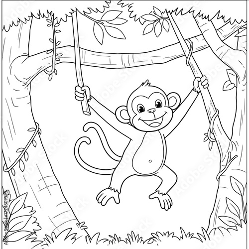 A smiling monkey swings from jungle vines in a lively forest.