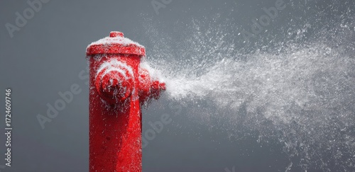 Red fire hydrant spraying water against a gray background