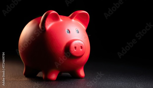 Red piggy bank on dark background