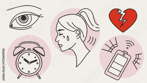 Vector Icon Set Showing Side Effects of Mobile Phone Overuse Including Eye Strain, Pain and Addiction Symbols