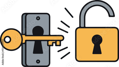 Key unlocking a door and an open padlock security concept.