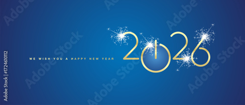 We wish you a Happy New Year 2026 eve golden shining rounded 3d typography sparkle firework blue background banner with turn on start button
