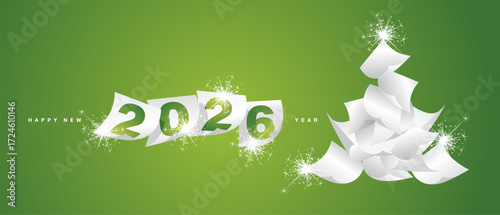 We wish you Happy New Year 2026. Beautiful winter holiday greeting card design template on green background. White papers in the form of Christmas tree. New Year 2026 with calendar sheets