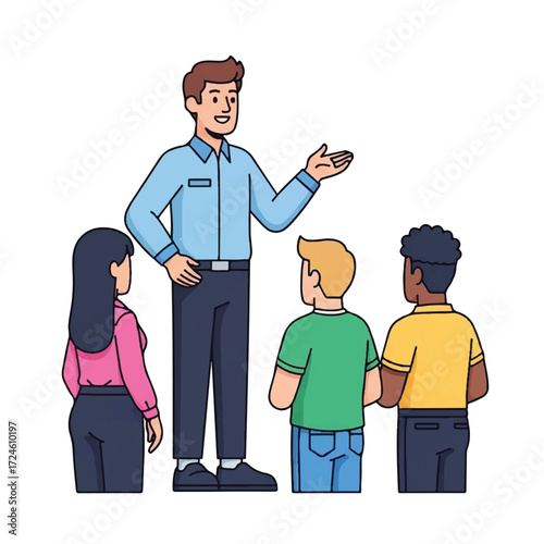 A man in a blue shirt and dark pants is addressing a small group of people, appearing to be a teacher or leader.
