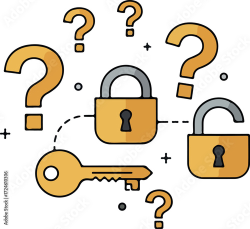 Key unlocks the mystery of the padlock and question marks.