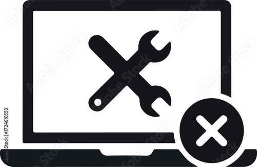 Laptop computer screen displaying crossed wrenches and a circle with an X symbol.