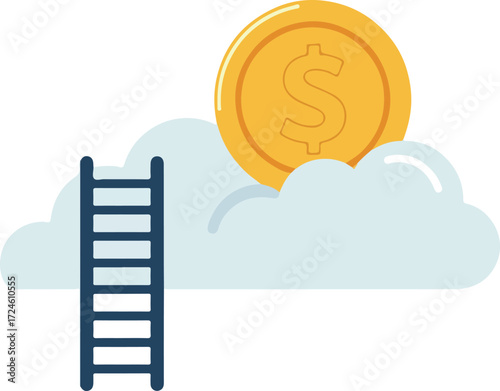 Ladder to financial success reaching for the golden coin in the sky.