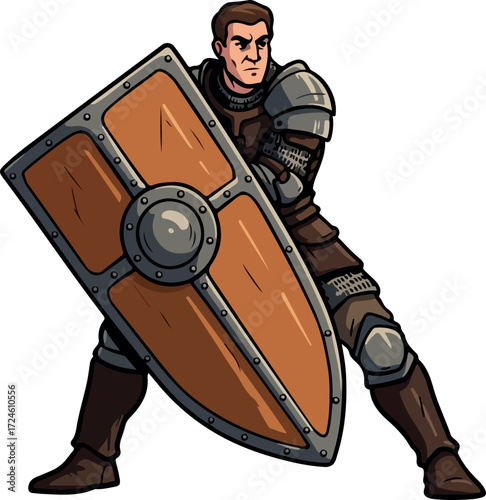 Knight in full armor holding a large shield ready for battle.