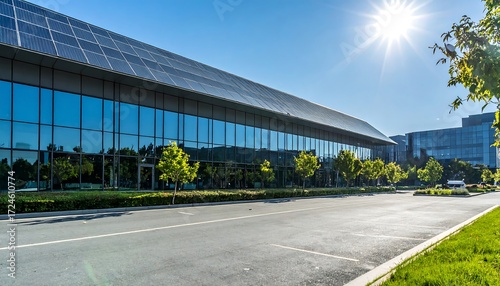 Modern office building with solar panels and parking lot