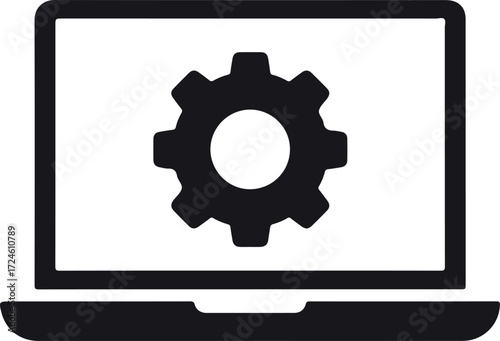 Laptop screen displaying a gear icon representing settings and configuration.