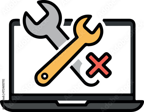 Laptop Repair Icon with Crossed Wrench and Spanner Symbolizing Technical Issues.