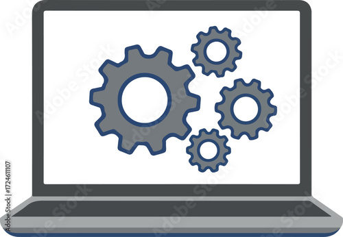 Laptop screen displaying gears representing technology and settings.