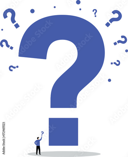 Large question mark with small person contemplating its meaning.