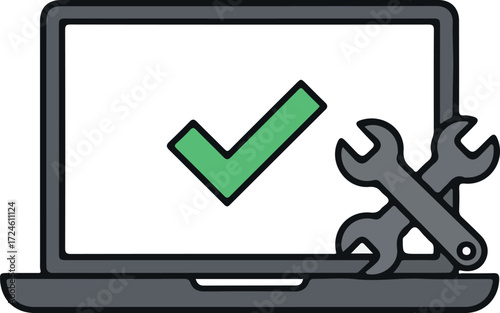 Laptop with Checkmark and Wrenches Illustrating Computer Repair and Maintenance.