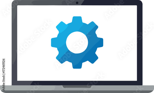 Laptop screen displays settings icon representing configuration and customization options.