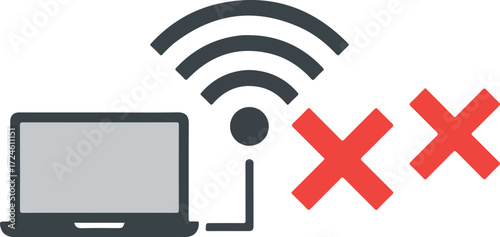 Laptop with wifi signal and red crosses indicating no connection.