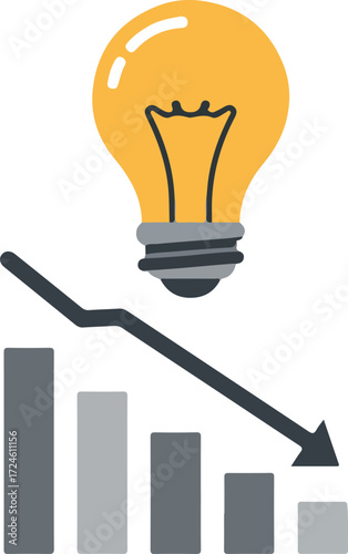 Lightbulb and downward trend graph representing declining ideas and innovation.